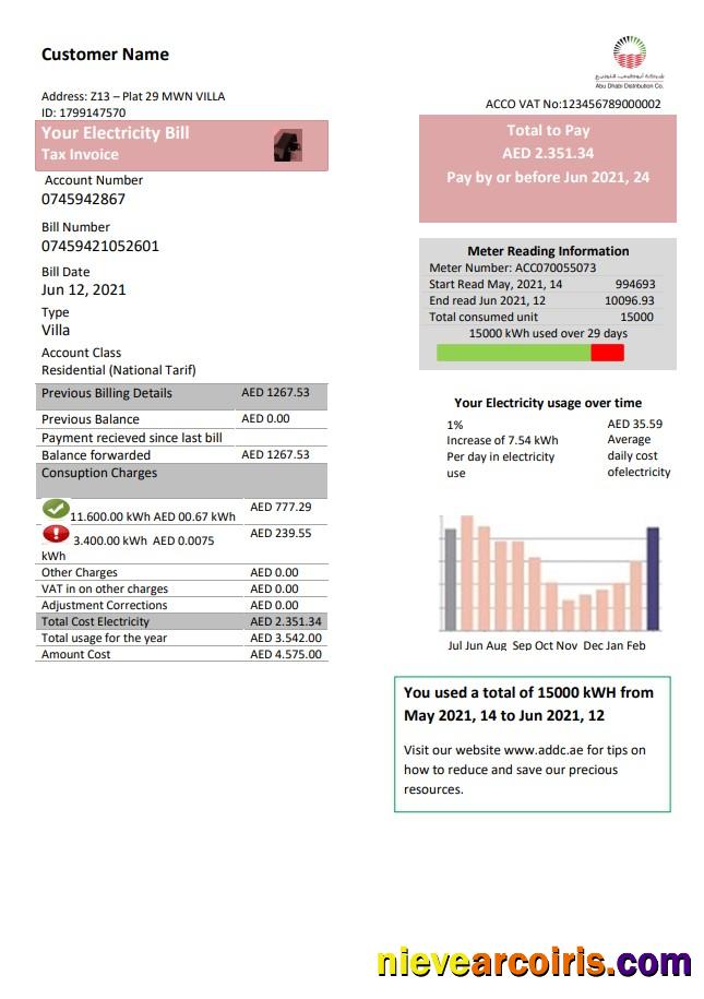 United Arab Emirates Abu Dhabi Distribution electricity utility bill